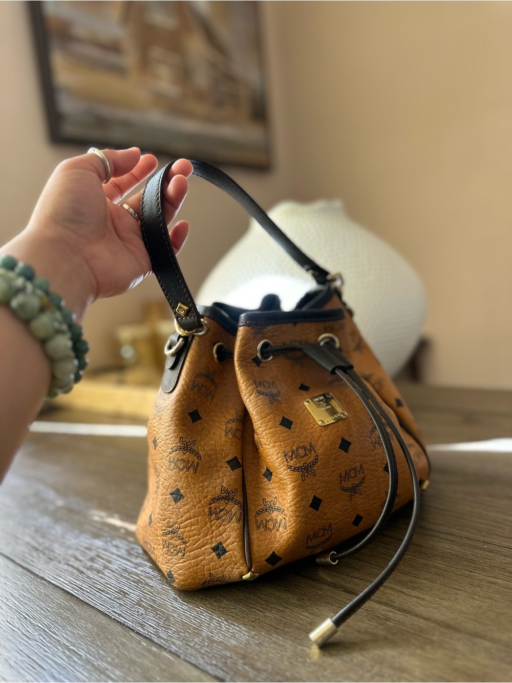 MCM Cognac Visetos Monogram Drawstring Shoulder Bag with Black Trim